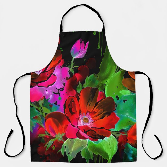 Watercolor Painting of Red Flowers on Black Apron (Front)