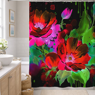 Watercolor Painting of Red Flowers on Black Shower Curtain