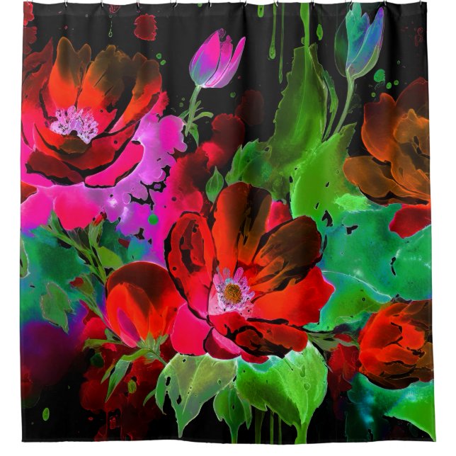 Watercolor Painting of Red Flowers on Black Shower Curtain (Front)