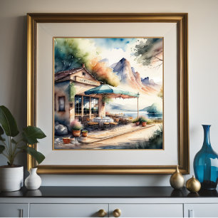 Watercolor Painting of Rural European Cafe Poster