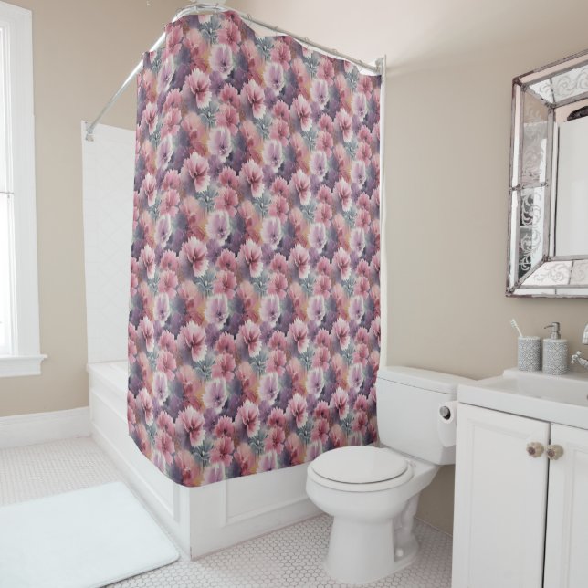 watercolor painting of soft-edged florals shower curtain (In Situ)
