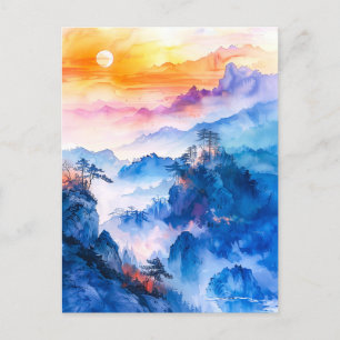Watercolor painting of sundown chinese mountain postcard