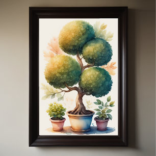 Watercolor Painting of Topiary Tree in Pot Poster