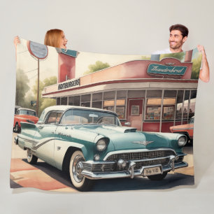 Watercolor Painting of Vintage Car and Diner Fleece Blanket