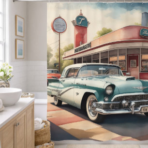Watercolor Painting of Vintage Car and Diner Shower Curtain