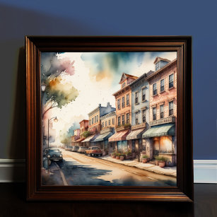 Watercolor Painting of Vintage Small Town Street Poster