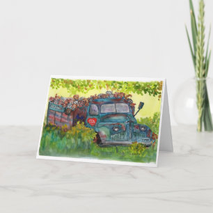 watercolor painting old truck full of rescue dogs card