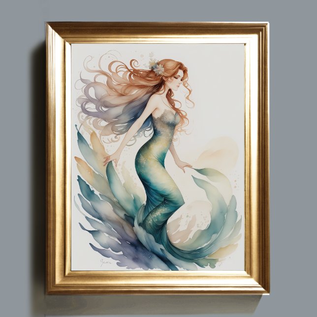 Watercolor Painting Red Haired Mermaid Poster (Creator Uploaded)