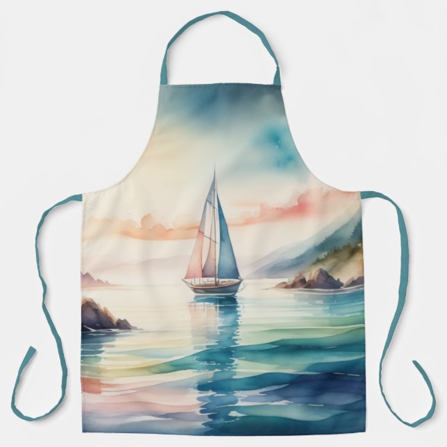Watercolor Painting Sailboat on the Water Apron (Front)