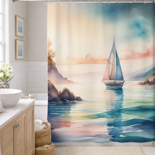 Watercolor Painting Sailboat on the Water Shower Curtain