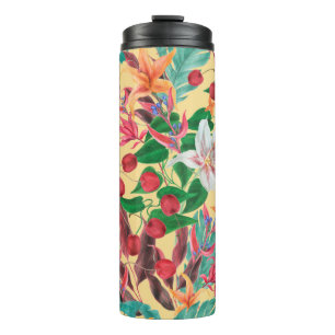 Watercolor painting seamless pattern with beautifu thermal tumbler
