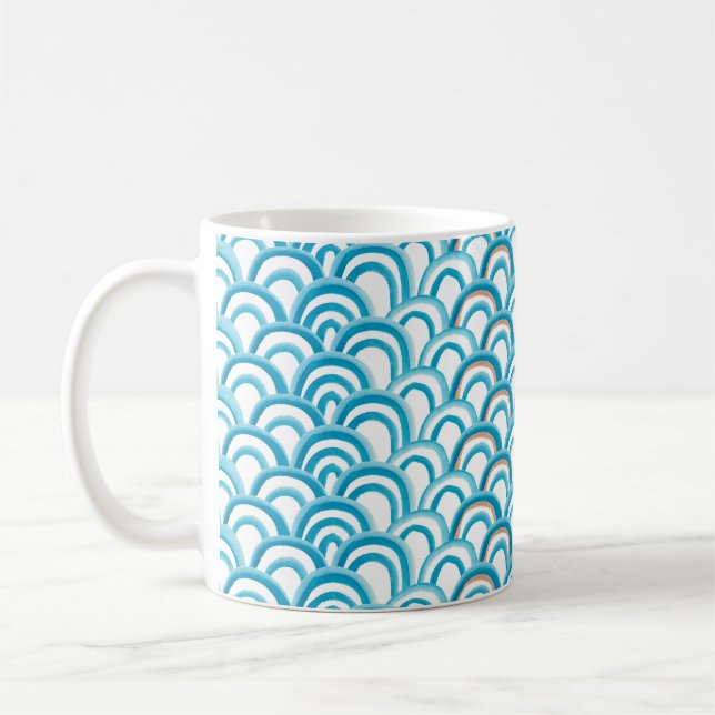 Watercolor painting seamless pattern with blue wav coffee mug (Left)