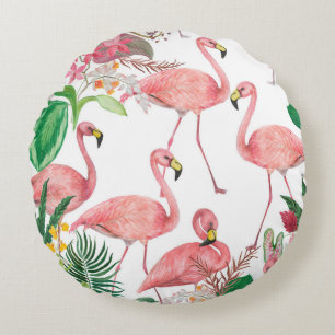 Watercolor painting seamless pattern with flamingo round cushion