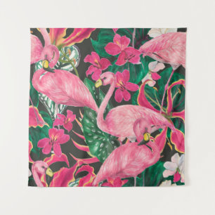 Watercolor painting seamless pattern with flamingo tapestry