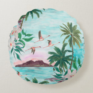 Watercolor painting seamless pattern with hawaiian round cushion