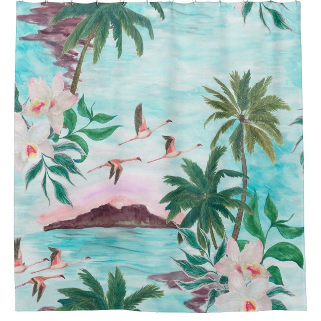 Watercolor painting seamless pattern with hawaiian shower curtain (Front)