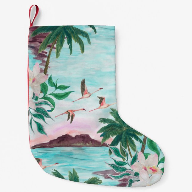 Watercolor painting seamless pattern with hawaiian small christmas stocking (Front)