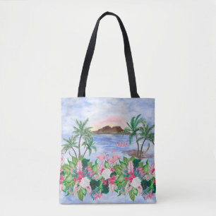Watercolor painting seamless pattern with hawaiian tote bag