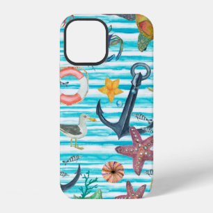 Watercolor painting seamless pattern with turtles, iPhone 12 case