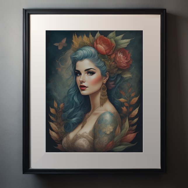 Watercolor Painting Stunning Woman Blue Hair Poster (Creator Uploaded)