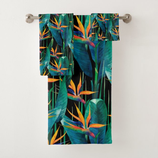 Watercolor Painting Tropical Bird of Paradise Bath Towel Set (Insitu)