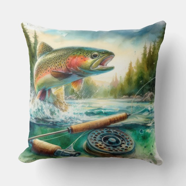 Watercolor Painting Trout Fly Fishing Cushion (Front)