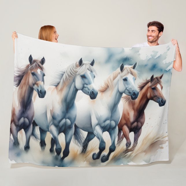 Watercolor Painting Wild Horses Fleece Blanket (In Situ)