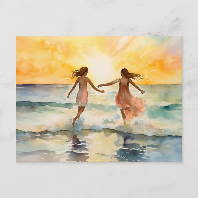 Watercolor paintings of girls walking on the beach postcard (Front)