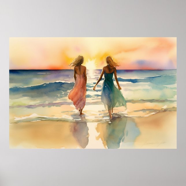 Watercolor paintings of girls walking on the beach poster (Front)