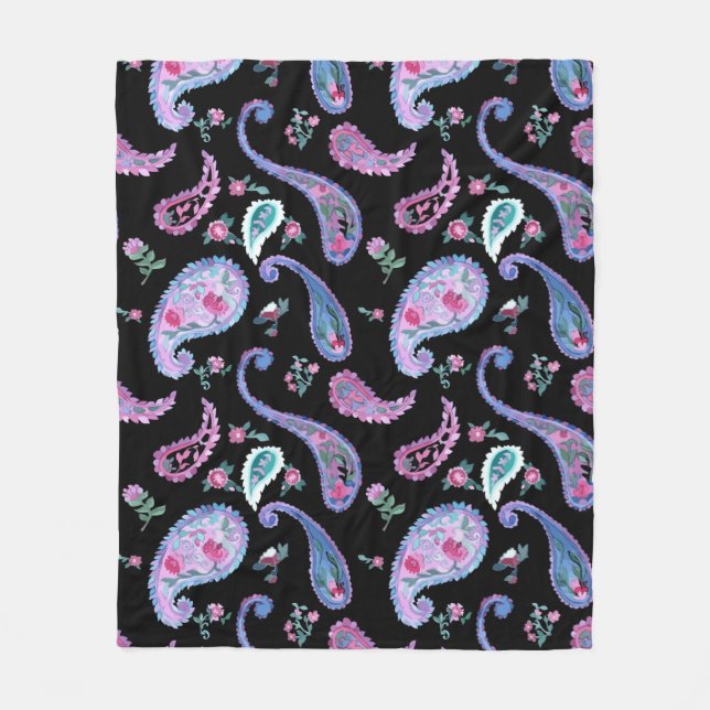 Watercolor Paisley Black Lavender Pink Blue Fleece Blanket (Front)