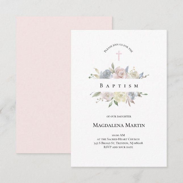 watercolor pale flowers Baptism Invitation (Front/Back)