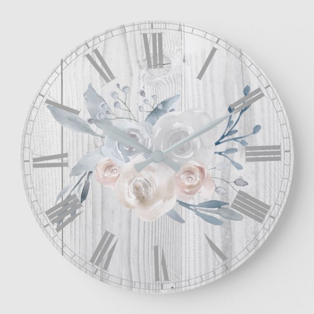 watercolor pale flowers on white wood large clock (Front)
