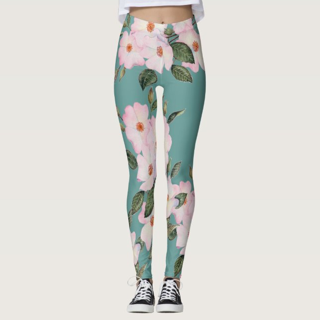 Watercolor Pale Pink Roses Ballerina Pattern Leggings (Front)
