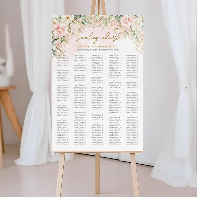 Watercolor pale pink roses eucalyptus Alphabetical Poster (Elegant Boho blush floral gold frame wedding seating chart)