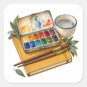 Watercolor Palette Brushes and Sketchbook Sticker