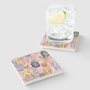 Watercolor Palm Beach Golden Retrievers Ginger Jar Stone Coaster