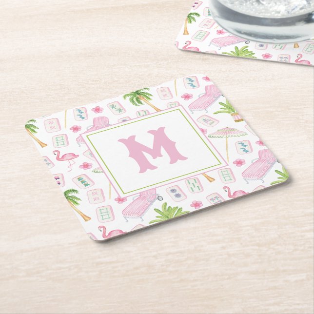 Watercolor Palm Beach Mahjong Square Paper Coaster (Angled)