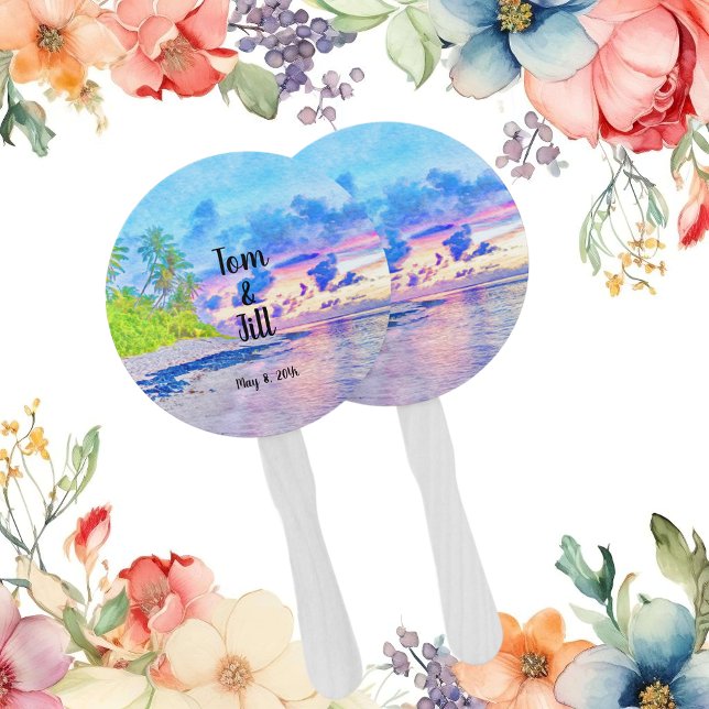 Watercolor Palm Beach Sunset Hand Fan (Creator Uploaded)