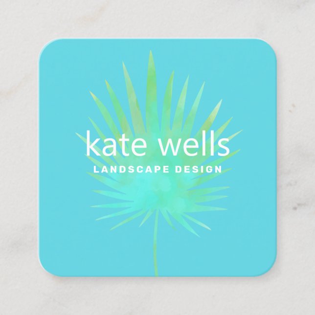 Watercolor Palm Branch Tropical Landscape Design Square Business Card (Front)