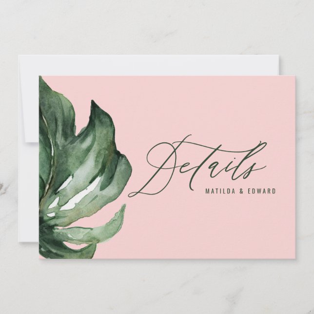 Watercolor palm leaf foliage & gold wedding detail announcement (Front)