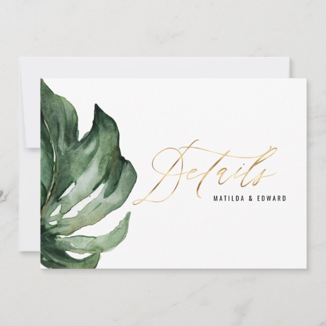 Watercolor palm leaf foliage & gold wedding detail announcement (Front)