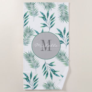 Watercolor Palm Leaves Custom Monogram First Name Beach Towel