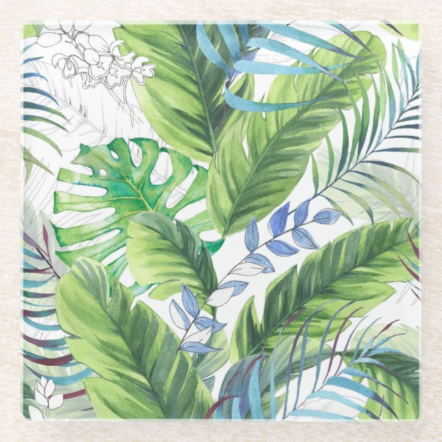 Watercolor palm leaves, exotic seamless background glass coaster (Front)