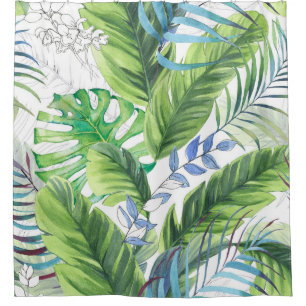 Watercolor palm leaves, exotic seamless background shower curtain