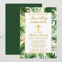 Watercolor Palm Leaves First Holy Communion Gold