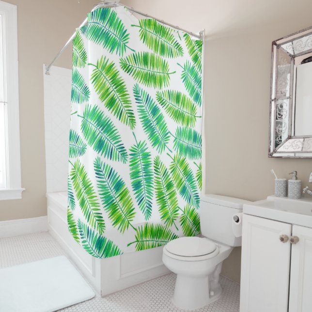Watercolor palm leaves pattern shower curtain (In Situ)