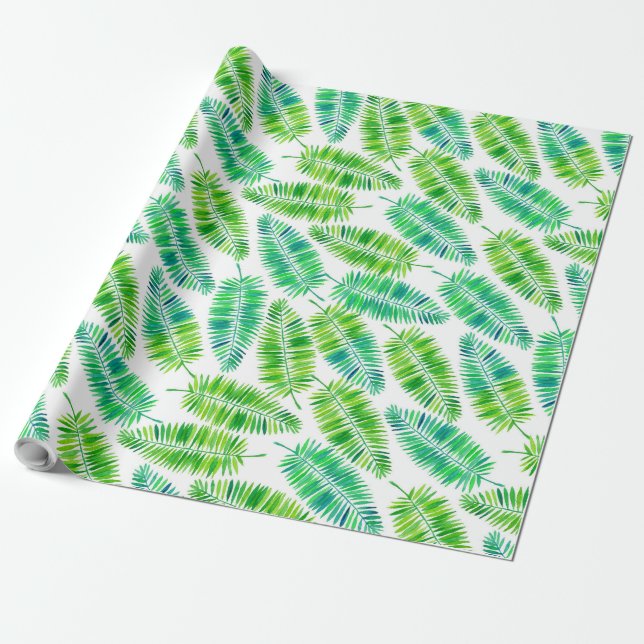 Watercolor palm leaves pattern wrapping paper (Unrolled)