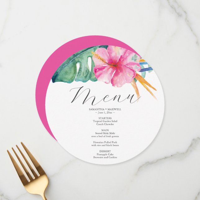 Watercolor Palm Leaves Pink Hibiscus Tropical Menu (Front/Back In Situ)