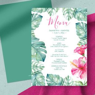 Watercolor Palm Leaves Pink Hibiscus Tropical Menu Invitation