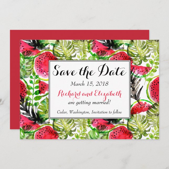 Watercolor palm leaves watermelon Save the Date Invitation (Front/Back)